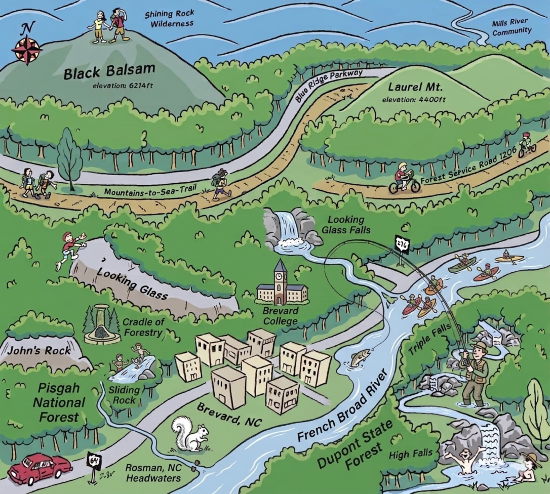 Illustrated map of Brevard and the Blue Ridge — French Broad River, Looking Glass Falls, Pisgah National Forest.